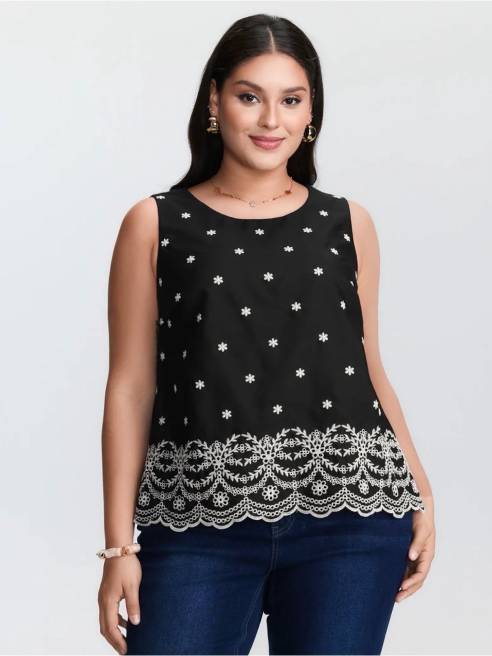 BloomChic  Cotton Black Cold-Shoulder Tunic with White Floral Embroidery US 28